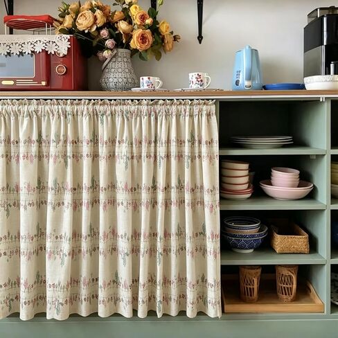 Farmhouse Cottage Floral Faux Linen Kitchen Curtain 36 Inch Length, Boho Vintage French Country Botanical Flowers Lavender Cafe Curtain Tier, Cute Aesthetic Small Short Panels for Bathroom Kitchen in Saudi Arabia