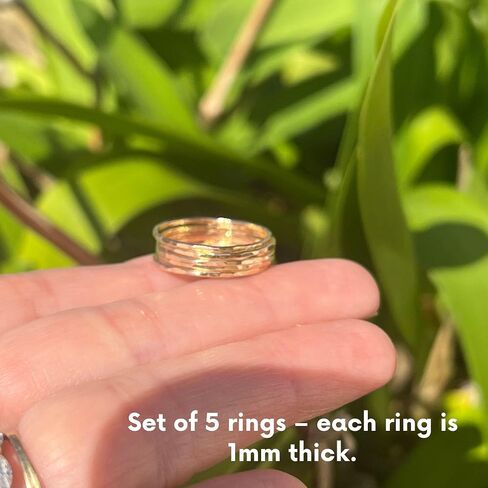 Ellie J Maui Hammered Gold Ring, Set of 5 Gold Stacking Rings, Minimalist Rings, Skinny Rings for Women, Rose Gold Filled/Gold Filed - Ring Size 1-10 Mothers Day Gift in Kuwait