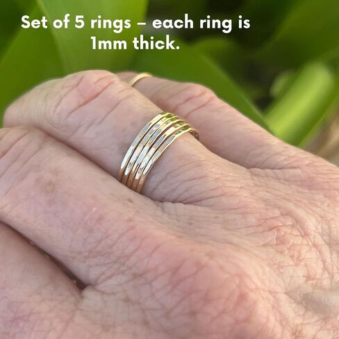Ellie J Maui Hammered Gold Ring, Set of 5 Gold Stacking Rings, Minimalist Rings, Skinny Rings for Women, Rose Gold Filled/Gold Filed - Ring Size 1-10 Mothers Day Gift in Kuwait