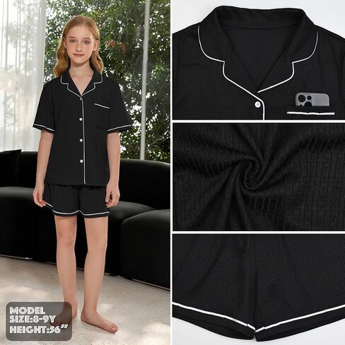QPANCY الفتيات منامة مجموعة قصيرة الأكمام زر أسفل Pjs لينة الصيف الاطفال 2 قطعة ملابس خاصة مخطط الجاكار السراويل المتسكعون in Kuwait