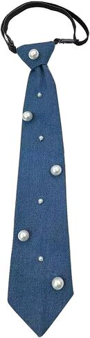 Denim Tie for Women Men Y2k Aesthetic Pearl Jean Tie Adjustable Pre-tied Necktie School Cosplay Costume Party (Blue2) in Saudi Arabia