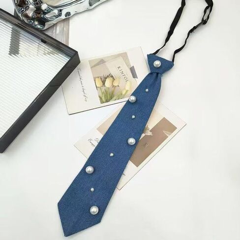 Denim Tie for Women Men Y2k Aesthetic Pearl Jean Tie Adjustable Pre-tied Necktie School Cosplay Costume Party (Blue2) in Saudi Arabia