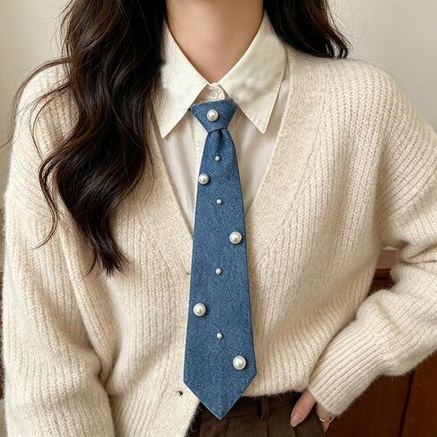 Denim Tie for Women Men Y2k Aesthetic Pearl Jean Tie Adjustable Pre-tied Necktie School Cosplay Costume Party (Blue2) in Saudi Arabia