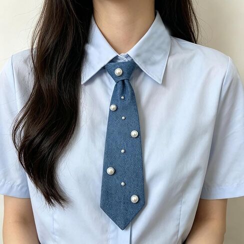 Denim Tie for Women Men Y2k Aesthetic Pearl Jean Tie Adjustable Pre-tied Necktie School Cosplay Costume Party (Blue2) in Saudi Arabia