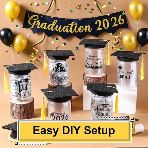 6 Sets 2026 Graduation Centerpiece for Table, DIY Graduation Jar Decoration Gradua-tion Jar Centerpiece with Graduation Caps Class of 2026 Table Decoration for College High Congrats Party Supplies in Saudi Arabia