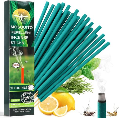 24 Pack Mosquito Incense Sticks for Outdoor Patio Backyard Indoors Camping Travel Yoga, DEET Free Mosquito Repellent Sticks Safe for Kids Pets, Long-Lasting 2-Hour Burn Time, Green in Saudi Arabia