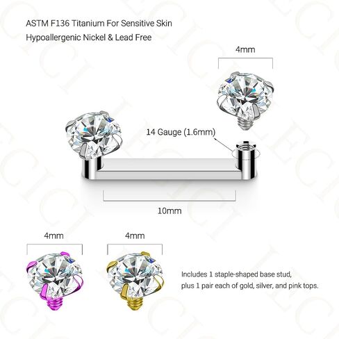 14G Titanium Surface Staple Piercing Jewelry, Implant-Grade ASTM F136 Titanium & Internally Threaded Flat Staple Bar, 10/12/14/16mm, 3 Pair Spark CZ, Men Women in Kuwait