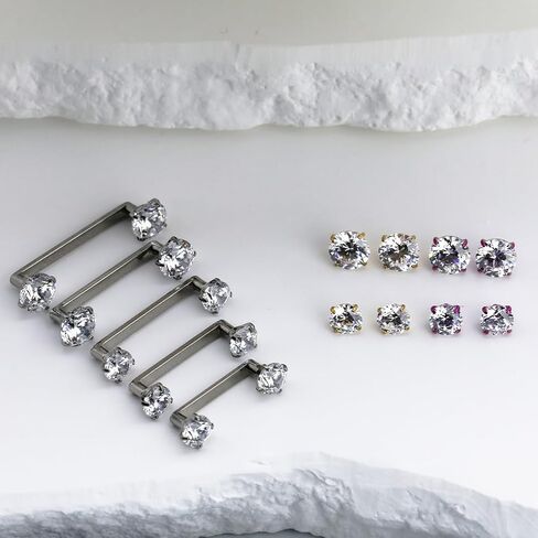 14G Titanium Surface Staple Piercing Jewelry, Implant-Grade ASTM F136 Titanium & Internally Threaded Flat Staple Bar, 10/12/14/16mm, 3 Pair Spark CZ, Men Women in Kuwait