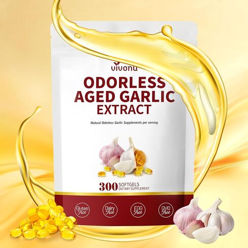 VivoNu Aged Garlic Extract Capsules, Odorless Garlic Supplements with Magnesium, Chromium, B1 & B9, Supports Immune Health & Heart Function| 2 Years Matured | 300 Softgels in Saudi Arabia