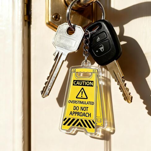 Caution Overstimulated Do Not Approach Acrylic Keychain, Yellow, Funny Neurodivergent Meme Charm, Novelty Gift in Kuwait
