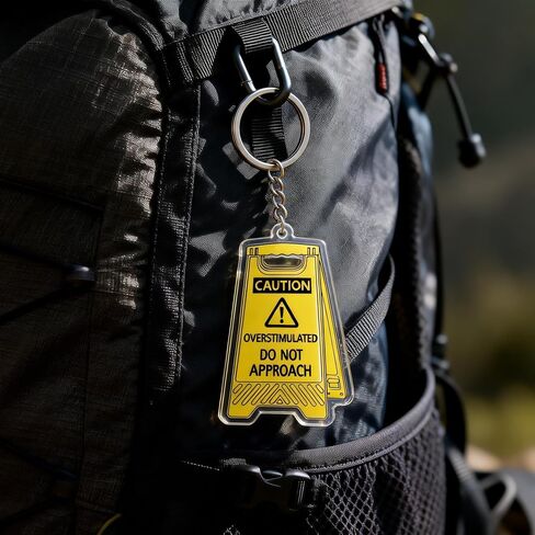 Caution Overstimulated Do Not Approach Acrylic Keychain, Yellow, Funny Neurodivergent Meme Charm, Novelty Gift in Kuwait