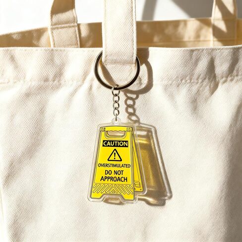 Caution Overstimulated Do Not Approach Acrylic Keychain, Yellow, Funny Neurodivergent Meme Charm, Novelty Gift in Kuwait