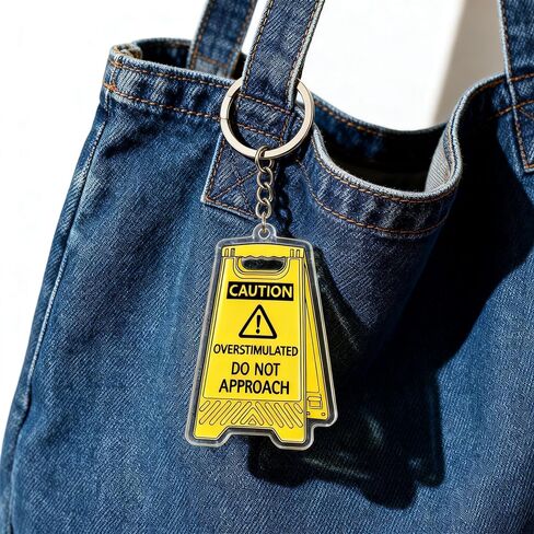 Caution Overstimulated Do Not Approach Acrylic Keychain, Yellow, Funny Neurodivergent Meme Charm, Novelty Gift in Kuwait