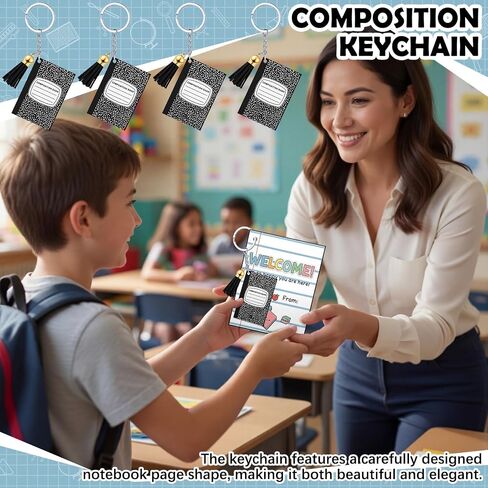 Kigeli 24 Sets Composition Book Acrylic Keychains End of Year Gift Back to School Student Gifts from Teacher with Punched Cards Welcome Back to School Teacher to Rewards & Classroom Incentives in Kuwait