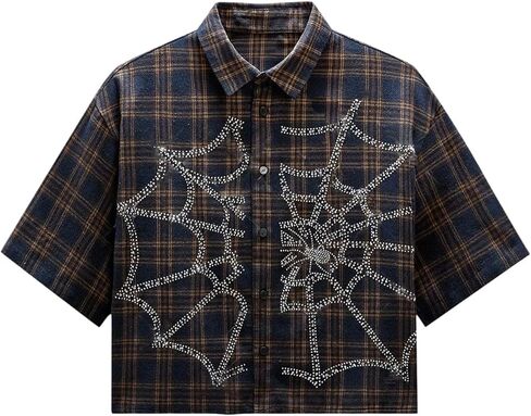 GORGLITTER Men's Plaid Cropped Button Up Shirt Casual Collared Short Sleeve Boxy Vacation Checkered Crop Tops Streetwear in Kuwait