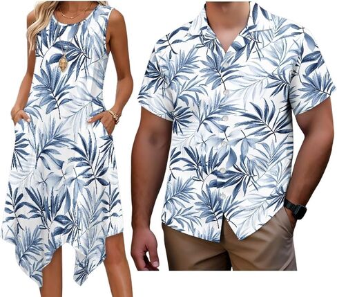 Matching Hawaiian Outfits for Couples Womens Asymmetrical Midi Dress Mens Beach Shirts Short Sleeve Button Up Shirt in Saudi Arabia