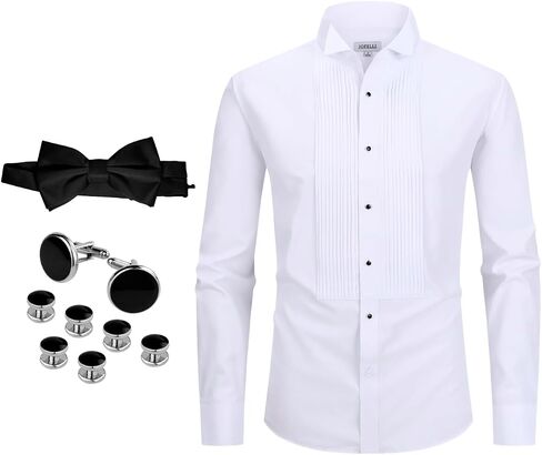 Tuxedo Formal Dress Shirt Pleated Wing Tip Long Sleeve Button Down for Prom Party Wedding in Saudi Arabia