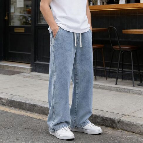 Mens Vintage Straight Leg Jeans Loose Wide Leg Denim Pants Casual Versatile Trousers in Kuwait