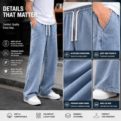 Mens Vintage Straight Leg Jeans Loose Wide Leg Denim Pants Casual Versatile Trousers in Kuwait