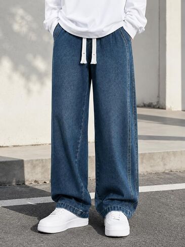 Mens Vintage Straight Leg Jeans Loose Wide Leg Denim Pants Casual Versatile Trousers in Kuwait