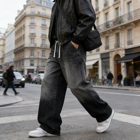 Mens Vintage Straight Leg Jeans Loose Wide Leg Denim Pants Casual Versatile Trousers in Kuwait