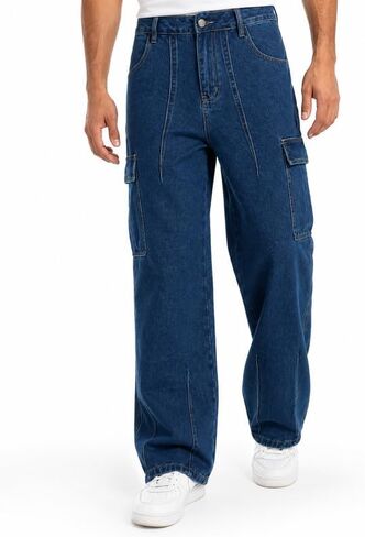 Men’s Baggy Cargo Jeans Wide Leg Denim Pants Relaxed Fit Straight Workwear Utility Jeans in Saudi Arabia