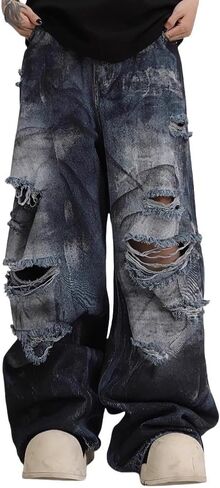 Y2K Unisex Baggy Jeans Wide Leg Distressed Ripped Cargo Denim Pants Oversized Vintage Wash Streetwear in Kuwait