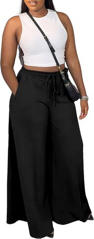 TOPSRANI Plus Size Womens Summer Wide Leg Pants Casual Boho Lounge Loose Pleated Work Fall Palazzo Trousers with Pockets in Saudi Arabia