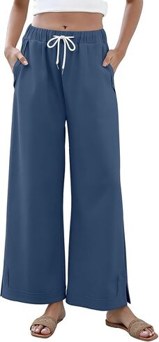 TOPSRANI Plus Size Womens Summer Wide Leg Pants Casual Boho Lounge Loose Pleated Work Fall Palazzo Trousers with Pockets in Saudi Arabia