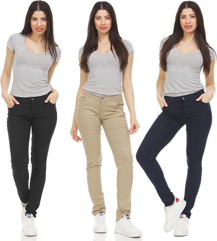 Galaxy by Harvic 3-Pack Women's Stretch Skinny 5-Pocket Basic Chino Pants in Kuwait