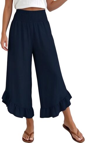 XNC Womens Wide Leg Pants Summer Beach High Waisted Polka Dot Cropped Trousers 2026 Casual Pants with Pockets and Ruffle Hem in Saudi Arabia