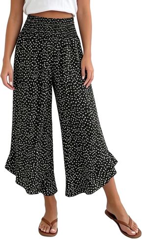XNC Womens Wide Leg Pants Summer Beach High Waisted Polka Dot Cropped Trousers 2026 Casual Pants with Pockets and Ruffle Hem in Saudi Arabia