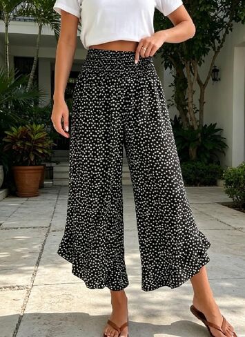 XNC Womens Wide Leg Pants Summer Beach High Waisted Polka Dot Cropped Trousers 2026 Casual Pants with Pockets and Ruffle Hem in Saudi Arabia