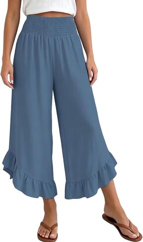 XNC Womens Wide Leg Pants Summer Beach High Waisted Polka Dot Cropped Trousers 2026 Casual Pants with Pockets and Ruffle Hem in Saudi Arabia