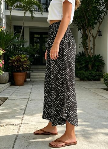 XNC Womens Wide Leg Pants Summer Beach High Waisted Polka Dot Cropped Trousers 2026 Casual Pants with Pockets and Ruffle Hem in Saudi Arabia