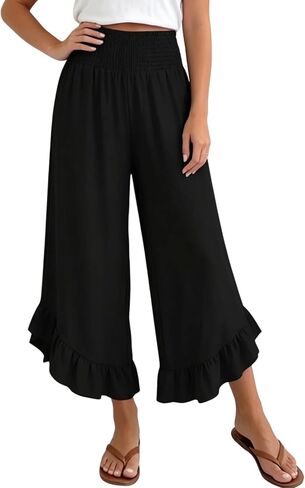 XNC Womens Wide Leg Pants Summer Beach High Waisted Polka Dot Cropped Trousers 2026 Casual Pants with Pockets and Ruffle Hem in Saudi Arabia