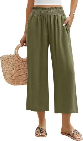 Yusongirl Wide Leg Capri Pants for Women Pull On Linen Casual Palazzo Trousers Smocked Elastic Waist Flowy Pants in Saudi Arabia