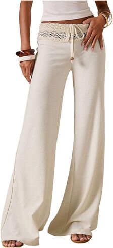 MakeMeChic Women's Summer Lace Wide Leg Palazzo Pants Boho Low Waist Crochet Beach Vacation Pants in Kuwait