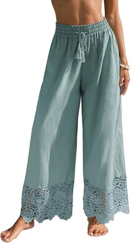 CUPSHE Women's Lace Trim Wide Leg Pants, Summer High Waist Palazzo Casual Cotton Beach Pants with Pockets in Kuwait