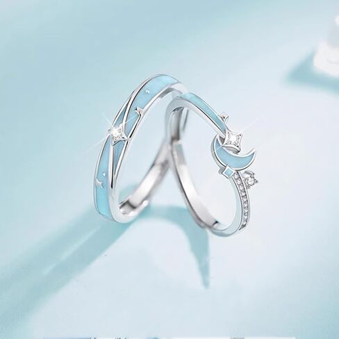 wydmire Glowing Silver Matching Promise Star&Moon Rings for Couples, Women, Men, Him, Her Set of 2 - Adjustable, Gift Wrap in Saudi Arabia