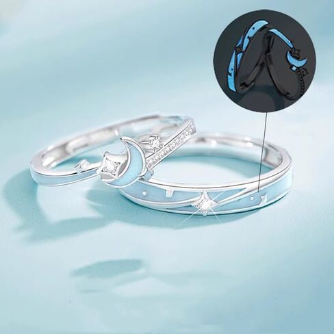 wydmire Glowing Silver Matching Promise Star&Moon Rings for Couples, Women, Men, Him, Her Set of 2 - Adjustable, Gift Wrap in Saudi Arabia