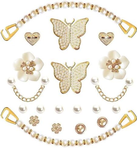 Bling Shoe Charms Set for Clogs & Sandals, 20 Pcs Glitter Pearl Flower Shoes Decoration Bulk, Shoes Chains Pins Charm Accessories DIY Shoe Accessories for Party Favor in Saudi Arabia