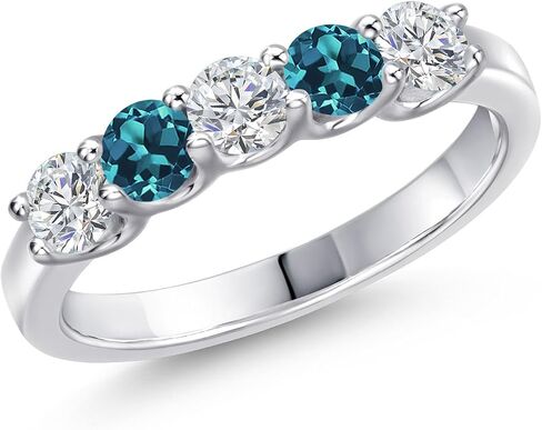 Gem Stone King 0.95 Cttw Lab Grown Diamond and London Blue Topaz 5-Stone Wedding-Bands Ring For Women | 925 Sterling Silver | Round 3.5MM | Wedding Engagement Anniversary Promise Ring in Kuwait