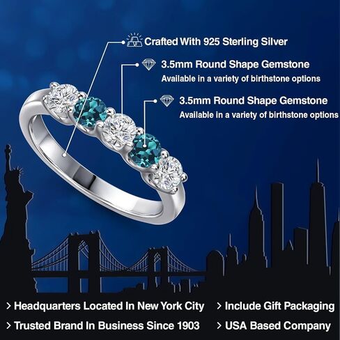 Gem Stone King 0.95 Cttw Lab Grown Diamond and London Blue Topaz 5-Stone Wedding-Bands Ring For Women | 925 Sterling Silver | Round 3.5MM | Wedding Engagement Anniversary Promise Ring in Kuwait
