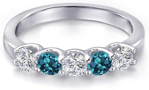 Gem Stone King 0.95 Cttw Lab Grown Diamond and London Blue Topaz 5-Stone Wedding-Bands Ring For Women | 925 Sterling Silver | Round 3.5MM | Wedding Engagement Anniversary Promise Ring in Kuwait