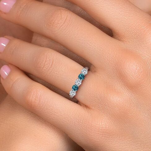 Gem Stone King 0.95 Cttw Lab Grown Diamond and London Blue Topaz 5-Stone Wedding-Bands Ring For Women | 925 Sterling Silver | Round 3.5MM | Wedding Engagement Anniversary Promise Ring in Kuwait