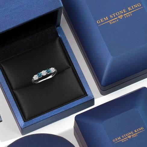 Gem Stone King 0.95 Cttw Lab Grown Diamond and London Blue Topaz 5-Stone Wedding-Bands Ring For Women | 925 Sterling Silver | Round 3.5MM | Wedding Engagement Anniversary Promise Ring in Kuwait