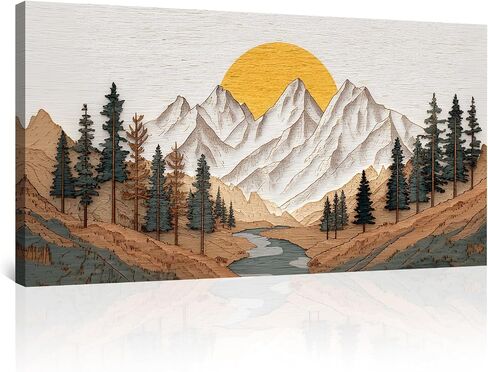 Azatyam Boho Mountain Canvas Wall Art Sunrise Forest River Landscape Painting Farmhouse Wall Decor Modern Nature Wilderness Prints Minimalist Artwork for Living Room Bedroom Office Decor 12"x24" in Kuwait