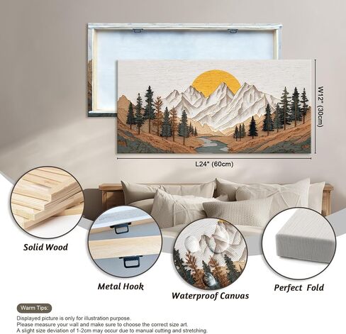 Azatyam Boho Mountain Canvas Wall Art Sunrise Forest River Landscape Painting Farmhouse Wall Decor Modern Nature Wilderness Prints Minimalist Artwork for Living Room Bedroom Office Decor 12"x24" in Kuwait