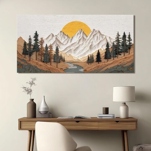 Azatyam Boho Mountain Canvas Wall Art Sunrise Forest River Landscape Painting Farmhouse Wall Decor Modern Nature Wilderness Prints Minimalist Artwork for Living Room Bedroom Office Decor 12"x24" in Kuwait